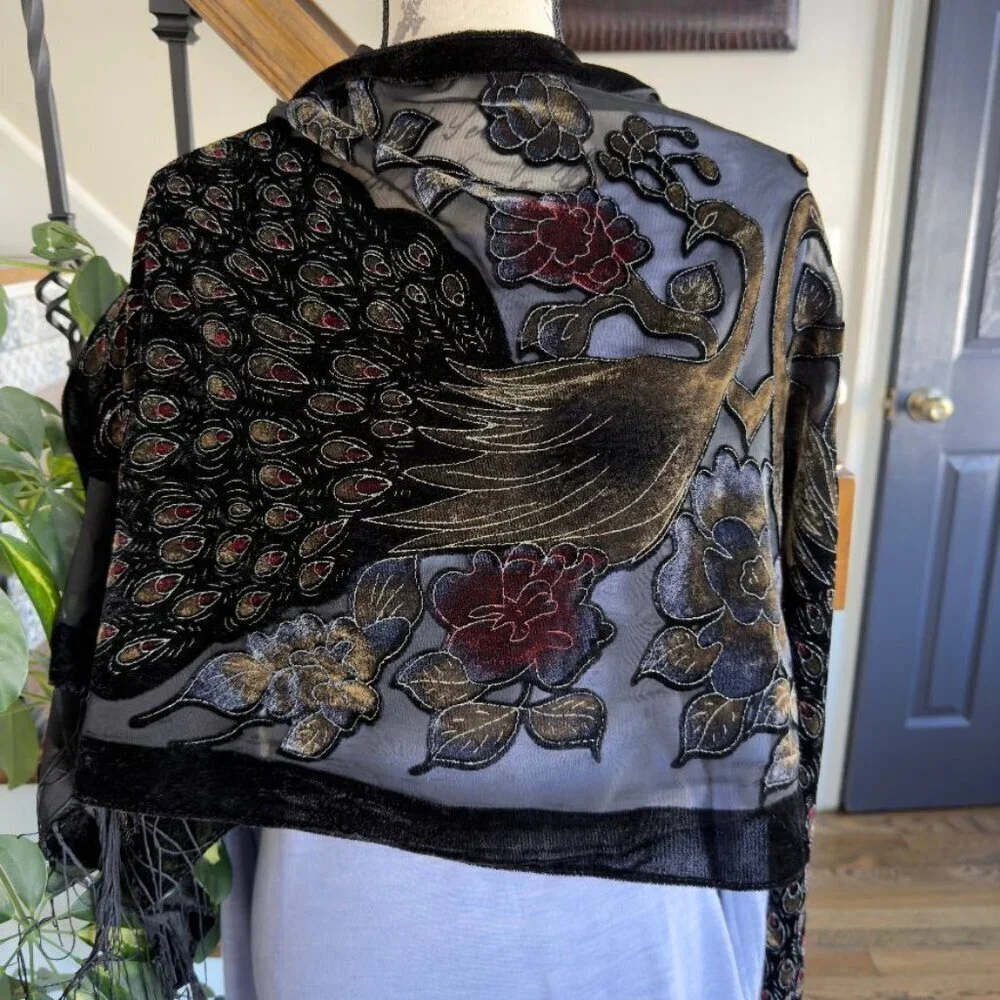 Silk Burnout Velvet Peacock Scarf Wrap Shawl sparkle Fringe 21 x 60